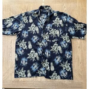 Puritan Navy Blue Hawaiian Print Button‎ Down Shirt XL